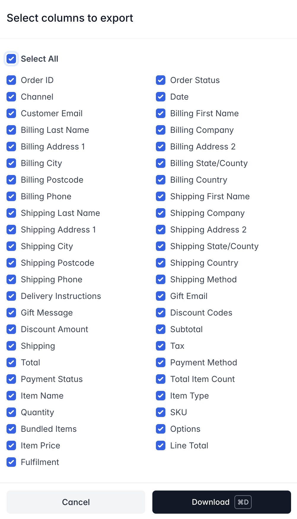 Orders export options
