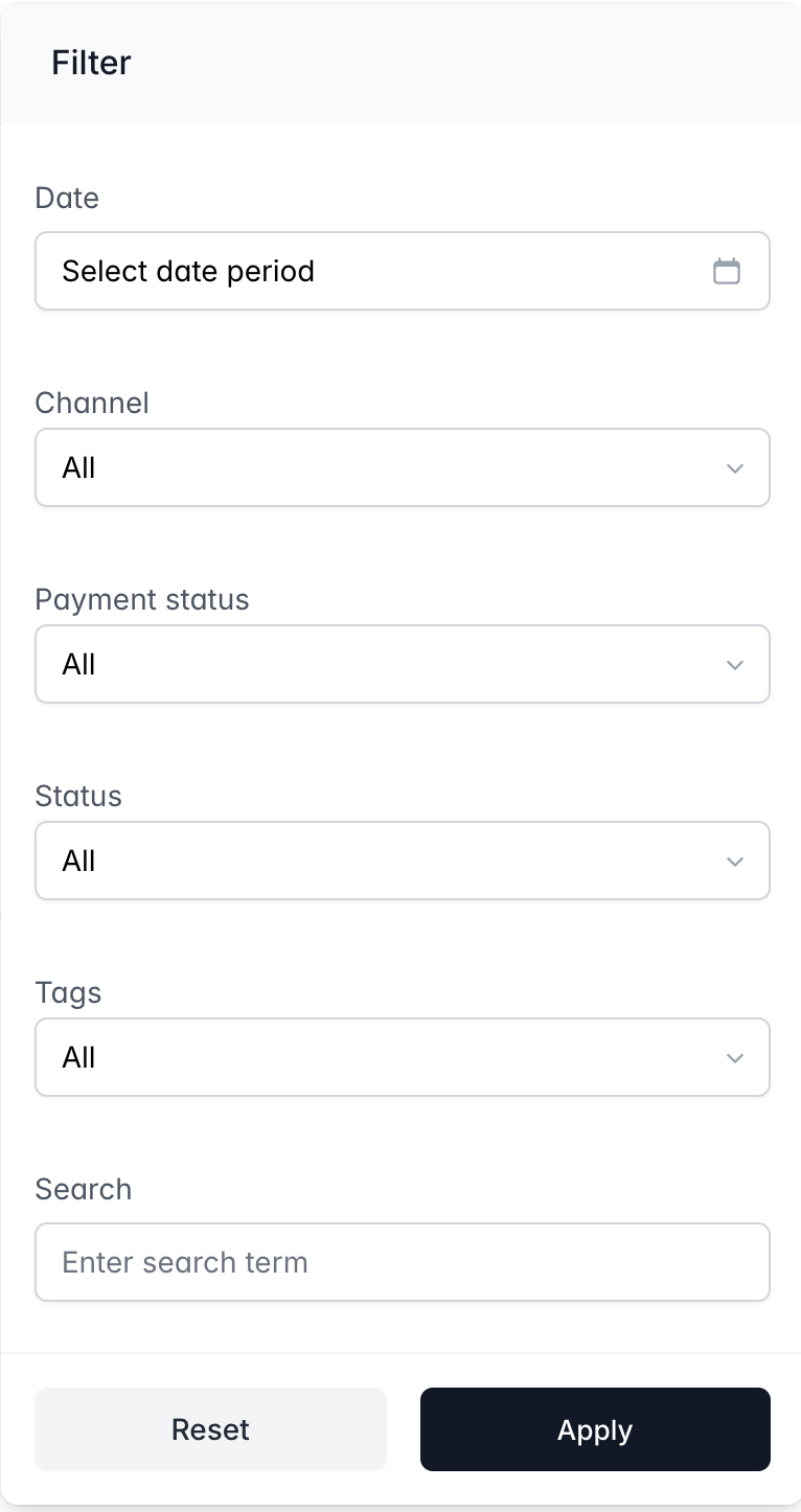 Orders filter options