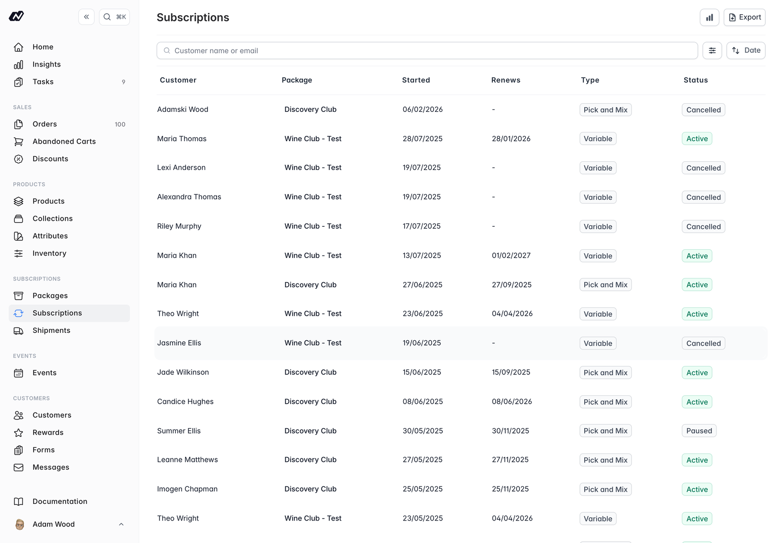 Subscriptions list